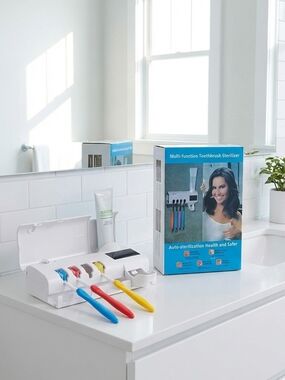 Universal Standard White Toothbrush Sterilizer with Blue, Red, Yellow Handles